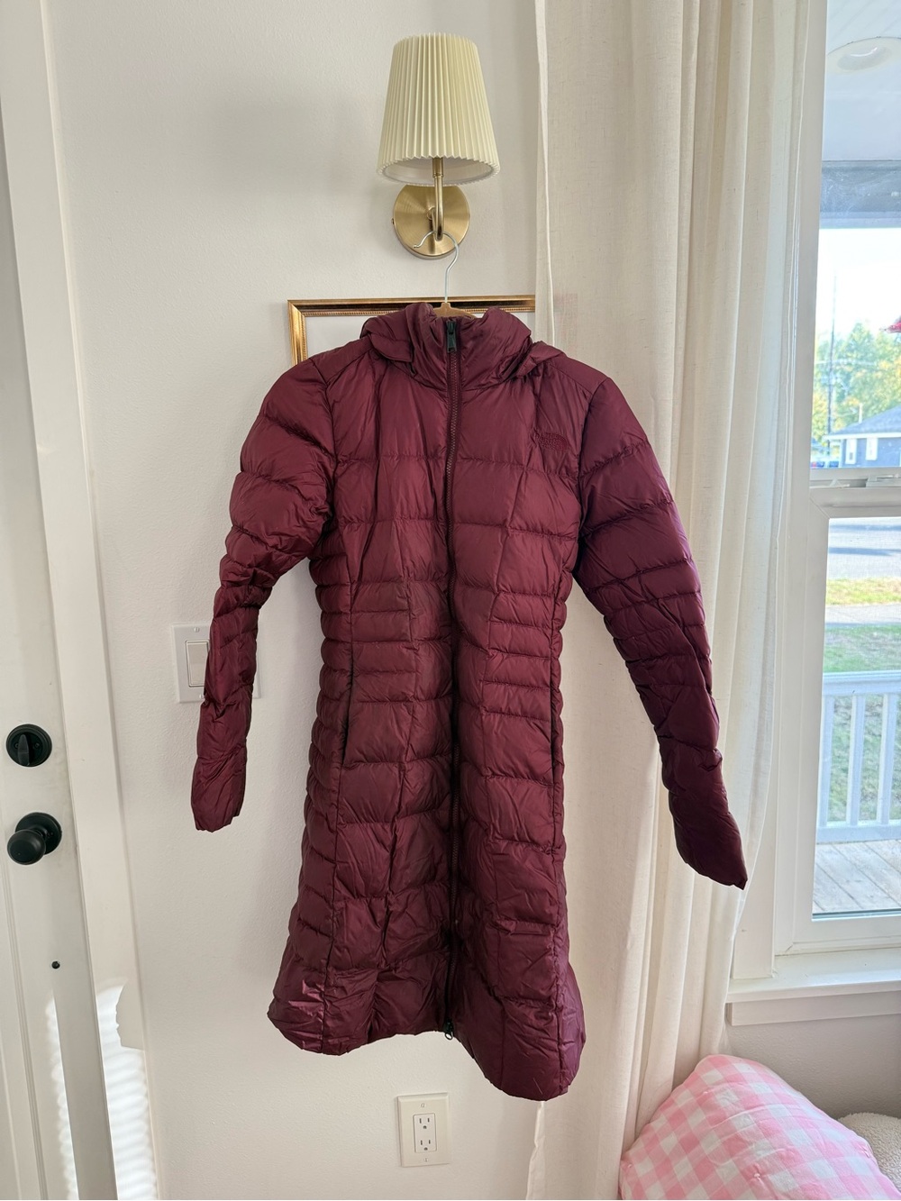 The North Face Women's Long Hooded Puffer Coat in Burgundy